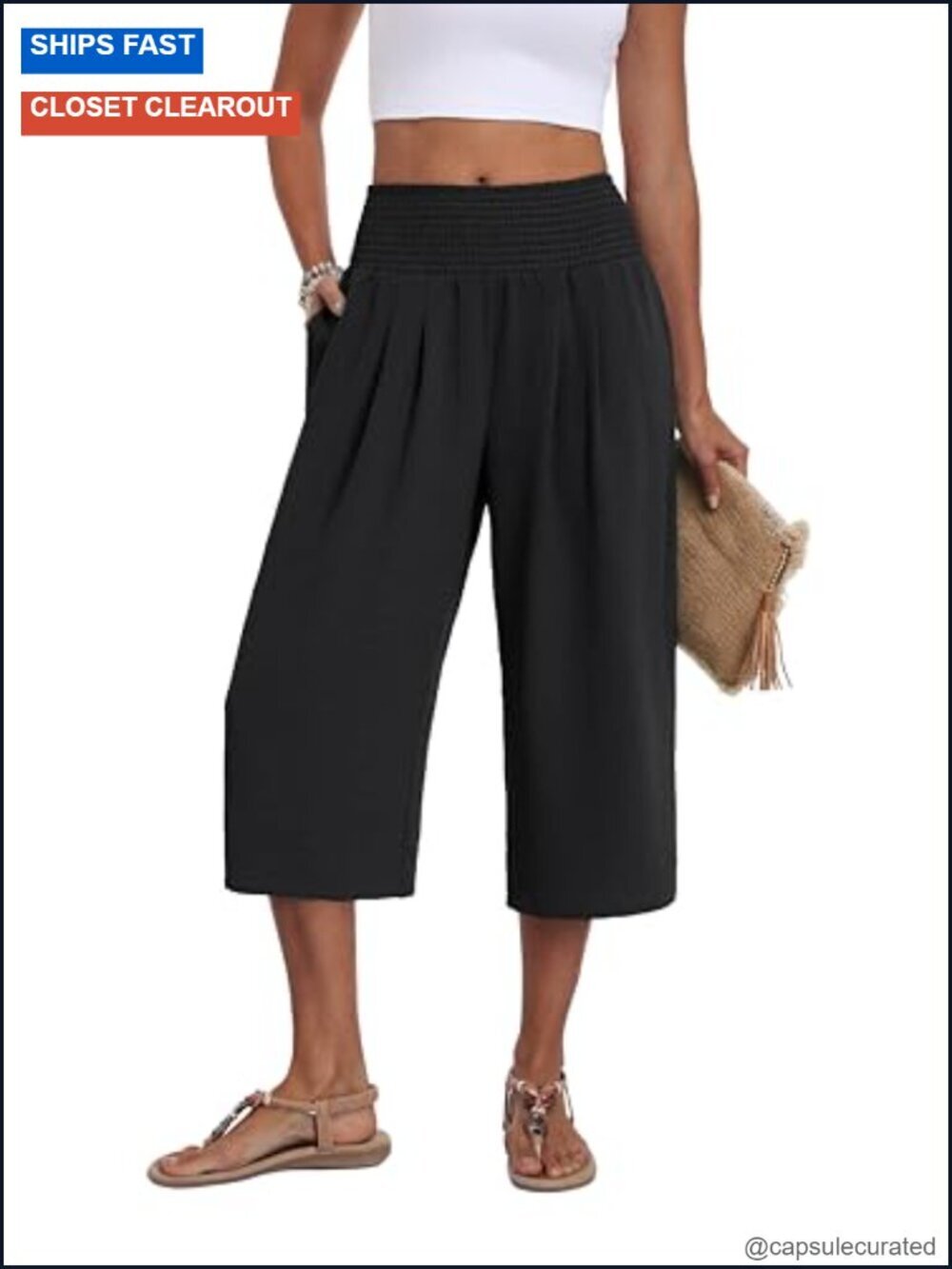 Wide Leg Capri Pants High Waisted Tummy Control Palazzo Trousers with Pockets